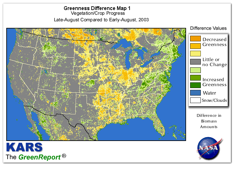 Color-coded U.S. vegetation greeness index map for Period 35 of 2003, illustrating spatial variations in plant vigor, with greener tones indicating higher biomass and browner tones indicating stressed vegetation,
              comparing current crop/vegetation change in biomass to the previous week within the same year.