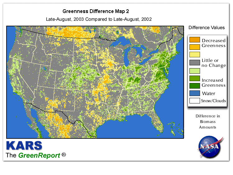 Color-coded U.S. vegetation greeness index map for Period 35 of 2003, illustrating spatial variations in plant vigor, with greener tones indicating higher biomass and browner tones indicating stressed vegetation,
              comparing current crop/vegetation change in biomass to same period from the previous year.
