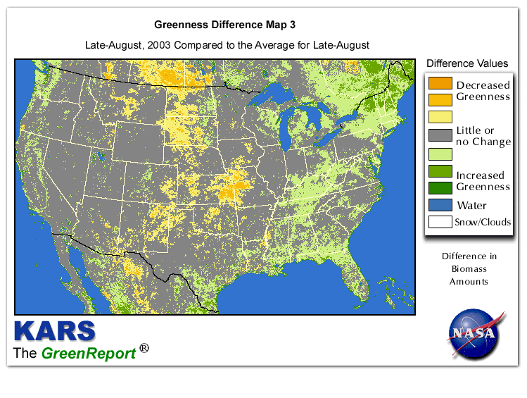 Color-coded U.S. vegetation greeness index map for Period 35 of 2003, illustrating spatial variations in plant vigor, with greener tones indicating higher biomass and browner tones indicating stressed vegetation,
              comparing current crop/vegetation change in biomass to the 20-year greenness average.