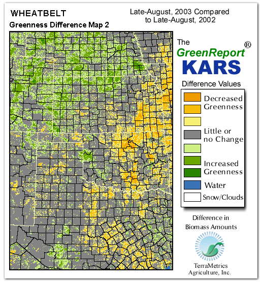 Color-coded Wheat Belt vegetation greeness index map for Period 35 of 2003, illustrating spatial variations in plant vigor, with greener tones indicating higher biomass and browner tones indicating stressed vegetation,
              comparing current crop/vegetation change in biomass to same period from the previous year.