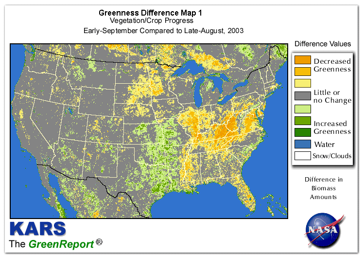 Color-coded U.S. vegetation greeness index map for Period 36 of 2003, illustrating spatial variations in plant vigor, with greener tones indicating higher biomass and browner tones indicating stressed vegetation,
              comparing current crop/vegetation change in biomass to the previous week within the same year.