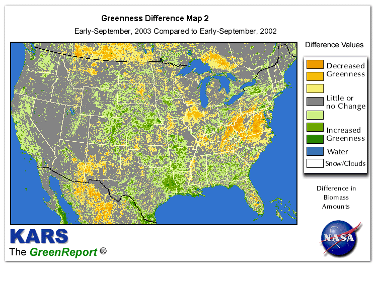 Color-coded U.S. vegetation greeness index map for Period 36 of 2003, illustrating spatial variations in plant vigor, with greener tones indicating higher biomass and browner tones indicating stressed vegetation,
              comparing current crop/vegetation change in biomass to same period from the previous year.