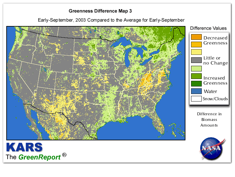 Color-coded U.S. vegetation greeness index map for Period 36 of 2003, illustrating spatial variations in plant vigor, with greener tones indicating higher biomass and browner tones indicating stressed vegetation,
              comparing current crop/vegetation change in biomass to the 20-year greenness average.