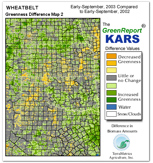 Color-coded Wheat Belt vegetation greeness index map for Period 36 of 2003, illustrating spatial variations in plant vigor, with greener tones indicating higher biomass and browner tones indicating stressed vegetation,
              comparing current crop/vegetation change in biomass to same period from the previous year.