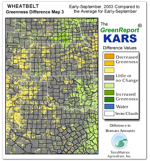 Color-coded Wheat Belt vegetation greeness index map for Period 36 of 2003, illustrating spatial variations in plant vigor, with greener tones indicating higher biomass and browner tones indicating stressed vegetation,
              comparing current crop/vegetation change in biomass to the 20-year greenness average.