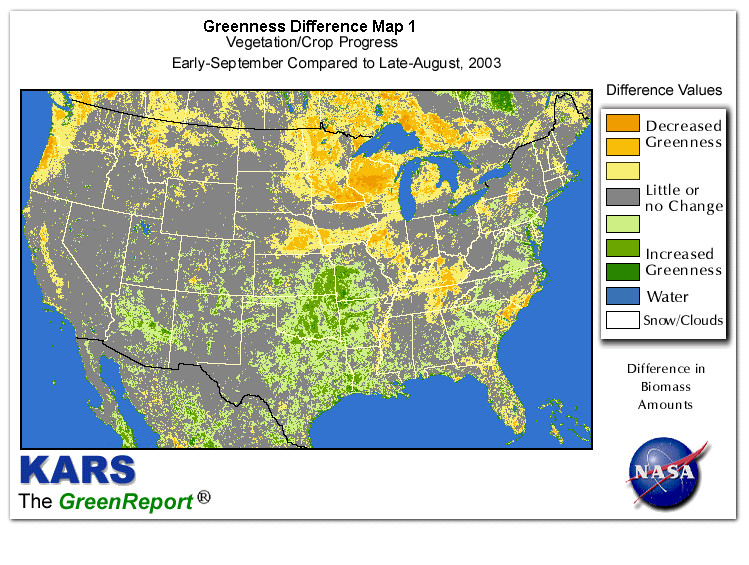 Color-coded U.S. vegetation greeness index map for Period 37 of 2003, illustrating spatial variations in plant vigor, with greener tones indicating higher biomass and browner tones indicating stressed vegetation,
              comparing current crop/vegetation change in biomass to the previous week within the same year.