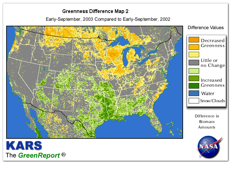 Color-coded U.S. vegetation greeness index map for Period 37 of 2003, illustrating spatial variations in plant vigor, with greener tones indicating higher biomass and browner tones indicating stressed vegetation,
              comparing current crop/vegetation change in biomass to same period from the previous year.