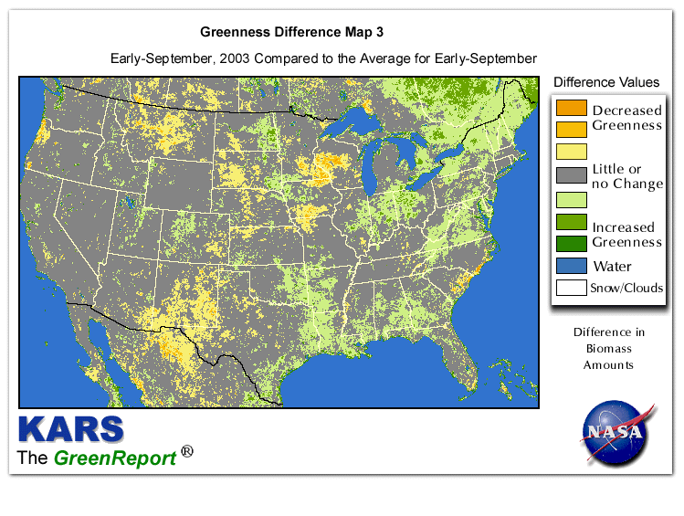 Color-coded U.S. vegetation greeness index map for Period 37 of 2003, illustrating spatial variations in plant vigor, with greener tones indicating higher biomass and browner tones indicating stressed vegetation,
              comparing current crop/vegetation change in biomass to the 20-year greenness average.