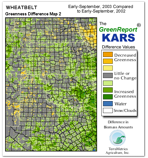 Color-coded Wheat Belt vegetation greeness index map for Period 37 of 2003, illustrating spatial variations in plant vigor, with greener tones indicating higher biomass and browner tones indicating stressed vegetation,
              comparing current crop/vegetation change in biomass to same period from the previous year.
