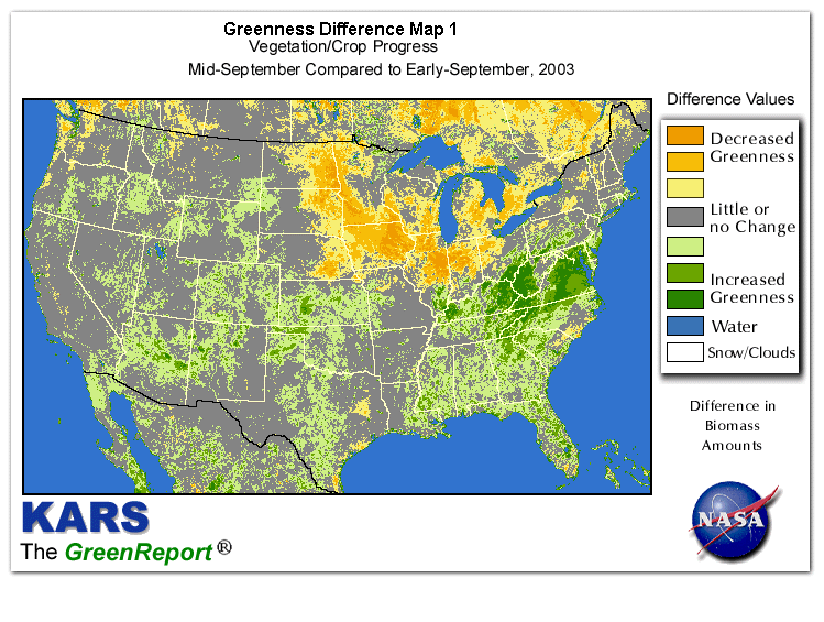 Color-coded U.S. vegetation greeness index map for Period 38 of 2003, illustrating spatial variations in plant vigor, with greener tones indicating higher biomass and browner tones indicating stressed vegetation,
              comparing current crop/vegetation change in biomass to the previous week within the same year.