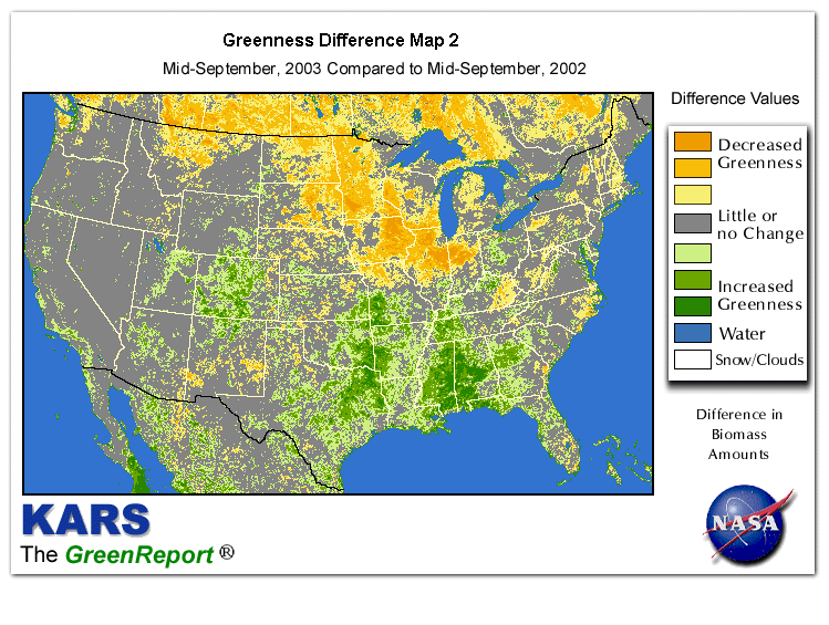 Color-coded U.S. vegetation greeness index map for Period 38 of 2003, illustrating spatial variations in plant vigor, with greener tones indicating higher biomass and browner tones indicating stressed vegetation,
              comparing current crop/vegetation change in biomass to same period from the previous year.