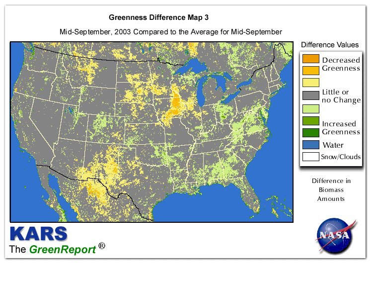 Color-coded U.S. vegetation greeness index map for Period 38 of 2003, illustrating spatial variations in plant vigor, with greener tones indicating higher biomass and browner tones indicating stressed vegetation,
              comparing current crop/vegetation change in biomass to the 20-year greenness average.