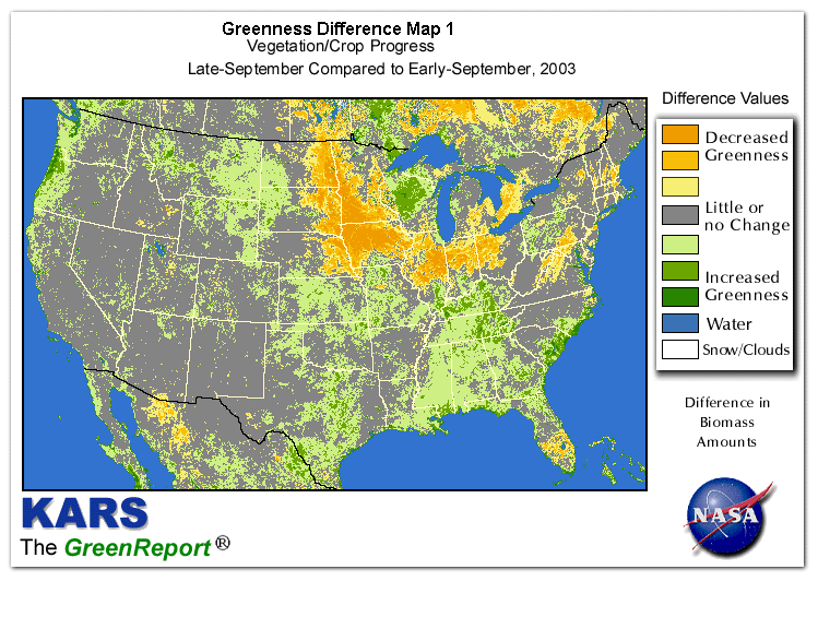 Color-coded U.S. vegetation greeness index map for Period 39 of 2003, illustrating spatial variations in plant vigor, with greener tones indicating higher biomass and browner tones indicating stressed vegetation,
              comparing current crop/vegetation change in biomass to the previous week within the same year.