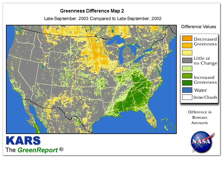 Color-coded U.S. vegetation greeness index map for Period 39 of 2003, illustrating spatial variations in plant vigor, with greener tones indicating higher biomass and browner tones indicating stressed vegetation,
              comparing current crop/vegetation change in biomass to same period from the previous year.