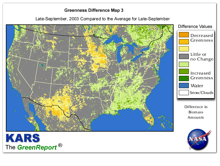 Color-coded U.S. vegetation greeness index map for Period 39 of 2003, illustrating spatial variations in plant vigor, with greener tones indicating higher biomass and browner tones indicating stressed vegetation,
              comparing current crop/vegetation change in biomass to the 20-year greenness average.