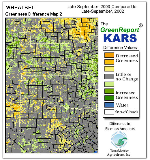 Color-coded Wheat Belt vegetation greeness index map for Period 39 of 2003, illustrating spatial variations in plant vigor, with greener tones indicating higher biomass and browner tones indicating stressed vegetation,
              comparing current crop/vegetation change in biomass to same period from the previous year.