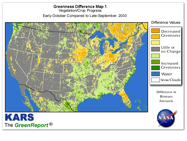 Color-coded U.S. vegetation greeness index map for Period 40 of 2003, illustrating spatial variations in plant vigor, with greener tones indicating higher biomass and browner tones indicating stressed vegetation,
              comparing current crop/vegetation change in biomass to the previous week within the same year.