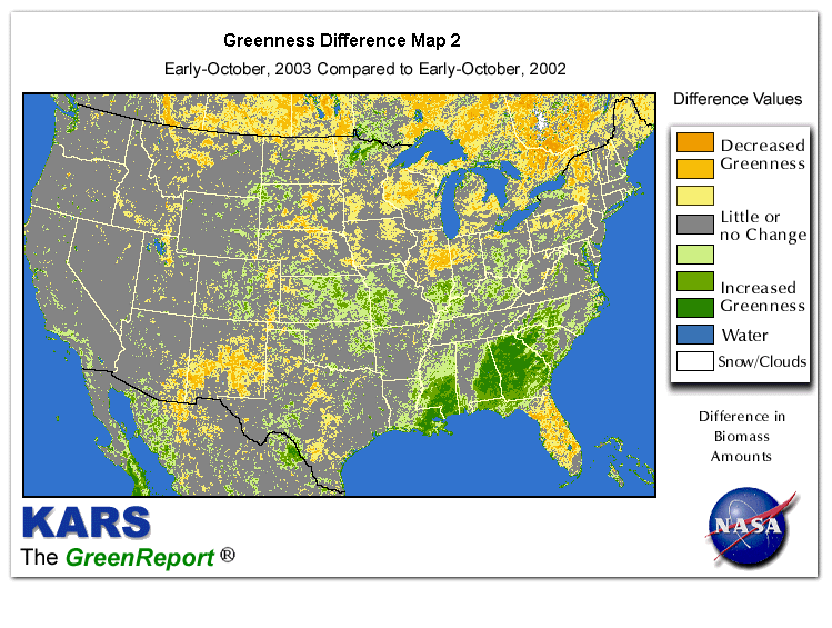 Color-coded U.S. vegetation greeness index map for Period 40 of 2003, illustrating spatial variations in plant vigor, with greener tones indicating higher biomass and browner tones indicating stressed vegetation,
              comparing current crop/vegetation change in biomass to same period from the previous year.