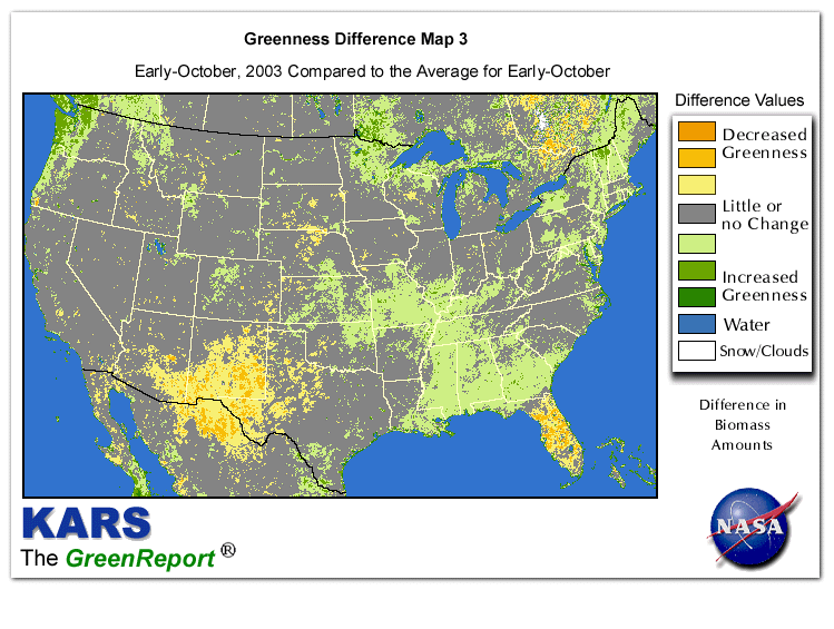 Color-coded U.S. vegetation greeness index map for Period 40 of 2003, illustrating spatial variations in plant vigor, with greener tones indicating higher biomass and browner tones indicating stressed vegetation,
              comparing current crop/vegetation change in biomass to the 20-year greenness average.