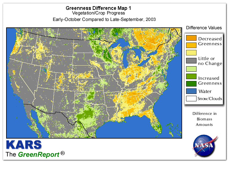 Color-coded U.S. vegetation greeness index map for Period 41 of 2003, illustrating spatial variations in plant vigor, with greener tones indicating higher biomass and browner tones indicating stressed vegetation,
              comparing current crop/vegetation change in biomass to the previous week within the same year.