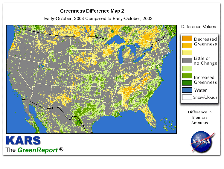 Color-coded U.S. vegetation greeness index map for Period 41 of 2003, illustrating spatial variations in plant vigor, with greener tones indicating higher biomass and browner tones indicating stressed vegetation,
              comparing current crop/vegetation change in biomass to same period from the previous year.