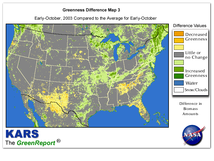 Color-coded U.S. vegetation greeness index map for Period 41 of 2003, illustrating spatial variations in plant vigor, with greener tones indicating higher biomass and browner tones indicating stressed vegetation,
              comparing current crop/vegetation change in biomass to the 20-year greenness average.