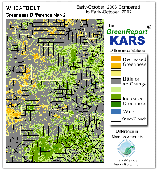 Color-coded Wheat Belt vegetation greeness index map for Period 41 of 2003, illustrating spatial variations in plant vigor, with greener tones indicating higher biomass and browner tones indicating stressed vegetation,
              comparing current crop/vegetation change in biomass to same period from the previous year.