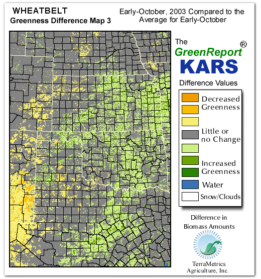 Color-coded Wheat Belt vegetation greeness index map for Period 41 of 2003, illustrating spatial variations in plant vigor, with greener tones indicating higher biomass and browner tones indicating stressed vegetation,
              comparing current crop/vegetation change in biomass to the 20-year greenness average.