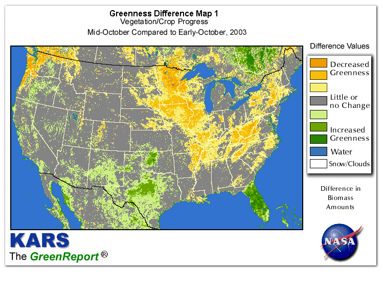 Color-coded U.S. vegetation greeness index map for Period 42 of 2003, illustrating spatial variations in plant vigor, with greener tones indicating higher biomass and browner tones indicating stressed vegetation,
              comparing current crop/vegetation change in biomass to the previous week within the same year.