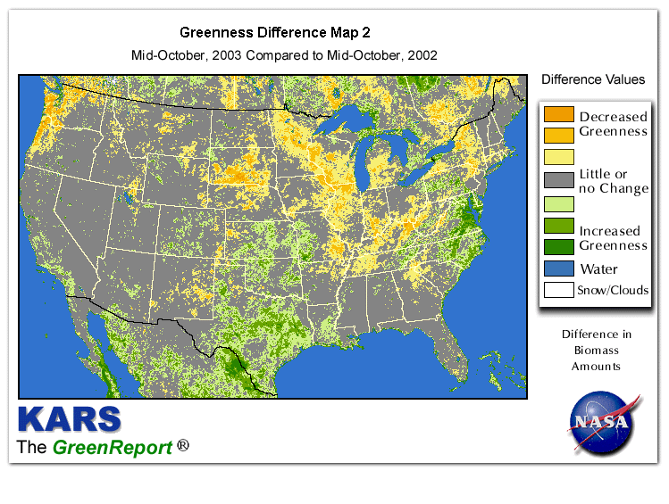 Color-coded U.S. vegetation greeness index map for Period 42 of 2003, illustrating spatial variations in plant vigor, with greener tones indicating higher biomass and browner tones indicating stressed vegetation,
              comparing current crop/vegetation change in biomass to same period from the previous year.