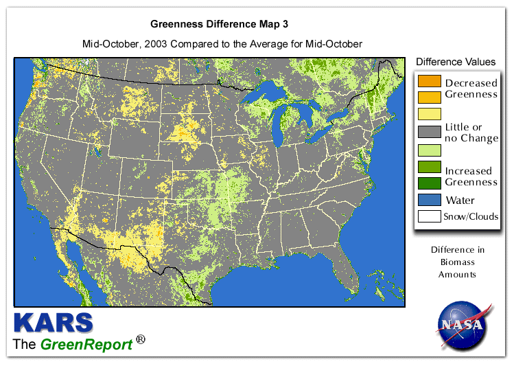Color-coded U.S. vegetation greeness index map for Period 42 of 2003, illustrating spatial variations in plant vigor, with greener tones indicating higher biomass and browner tones indicating stressed vegetation,
              comparing current crop/vegetation change in biomass to the 20-year greenness average.