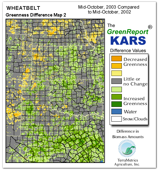 Color-coded Wheat Belt vegetation greeness index map for Period 42 of 2003, illustrating spatial variations in plant vigor, with greener tones indicating higher biomass and browner tones indicating stressed vegetation,
              comparing current crop/vegetation change in biomass to same period from the previous year.