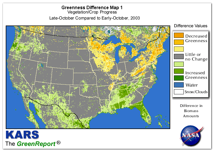 Color-coded U.S. vegetation greeness index map for Period 43 of 2003, illustrating spatial variations in plant vigor, with greener tones indicating higher biomass and browner tones indicating stressed vegetation,
              comparing current crop/vegetation change in biomass to the previous week within the same year.