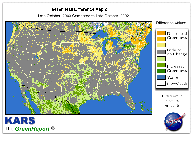 Color-coded U.S. vegetation greeness index map for Period 43 of 2003, illustrating spatial variations in plant vigor, with greener tones indicating higher biomass and browner tones indicating stressed vegetation,
              comparing current crop/vegetation change in biomass to same period from the previous year.