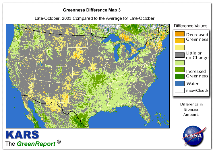 Color-coded U.S. vegetation greeness index map for Period 43 of 2003, illustrating spatial variations in plant vigor, with greener tones indicating higher biomass and browner tones indicating stressed vegetation,
              comparing current crop/vegetation change in biomass to the 20-year greenness average.
