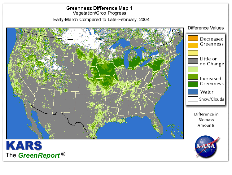 Color-coded U.S. vegetation greeness index map for Period 11 of 2004, illustrating spatial variations in plant vigor, with greener tones indicating higher biomass and browner tones indicating stressed vegetation,
              comparing current crop/vegetation change in biomass to the previous week within the same year.
