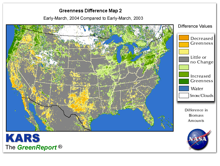 Color-coded U.S. vegetation greeness index map for Period 11 of 2004, illustrating spatial variations in plant vigor, with greener tones indicating higher biomass and browner tones indicating stressed vegetation,
              comparing current crop/vegetation change in biomass to same period from the previous year.