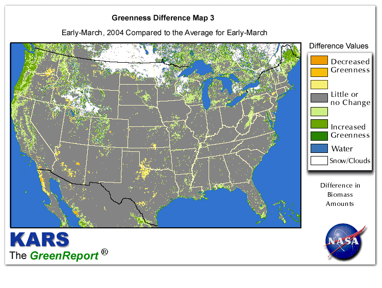 Color-coded U.S. vegetation greeness index map for Period 11 of 2004, illustrating spatial variations in plant vigor, with greener tones indicating higher biomass and browner tones indicating stressed vegetation,
              comparing current crop/vegetation change in biomass to the 20-year greenness average.