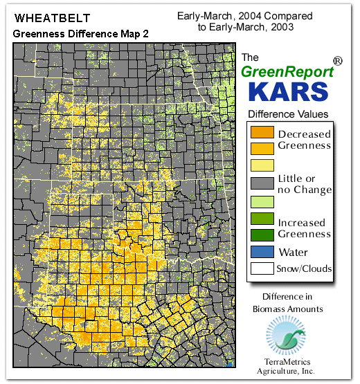 Color-coded Wheat Belt vegetation greeness index map for Period 11 of 2004, illustrating spatial variations in plant vigor, with greener tones indicating higher biomass and browner tones indicating stressed vegetation,
              comparing current crop/vegetation change in biomass to same period from the previous year.