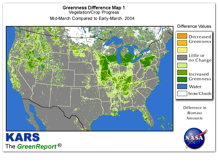 Color-coded U.S. vegetation greeness index map for Period 12 of 2004, illustrating spatial variations in plant vigor, with greener tones indicating higher biomass and browner tones indicating stressed vegetation,
              comparing current crop/vegetation change in biomass to the previous week within the same year.
