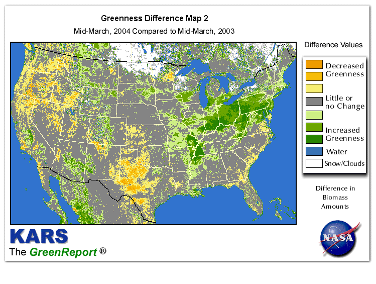 Color-coded U.S. vegetation greeness index map for Period 12 of 2004, illustrating spatial variations in plant vigor, with greener tones indicating higher biomass and browner tones indicating stressed vegetation,
              comparing current crop/vegetation change in biomass to same period from the previous year.