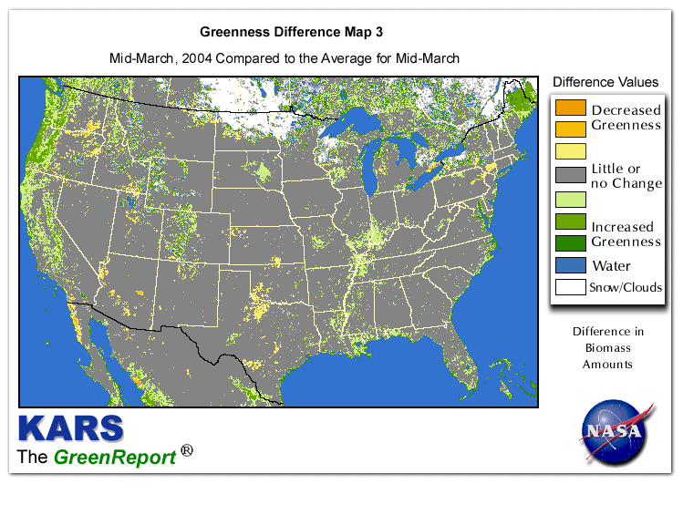 Color-coded U.S. vegetation greeness index map for Period 12 of 2004, illustrating spatial variations in plant vigor, with greener tones indicating higher biomass and browner tones indicating stressed vegetation,
              comparing current crop/vegetation change in biomass to the 20-year greenness average.