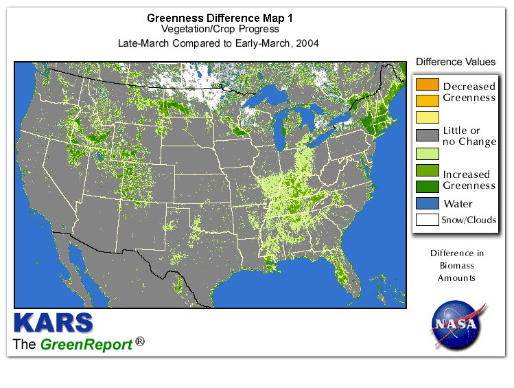 Color-coded U.S. vegetation greeness index map for Period 13 of 2004, illustrating spatial variations in plant vigor, with greener tones indicating higher biomass and browner tones indicating stressed vegetation,
              comparing current crop/vegetation change in biomass to the previous week within the same year.