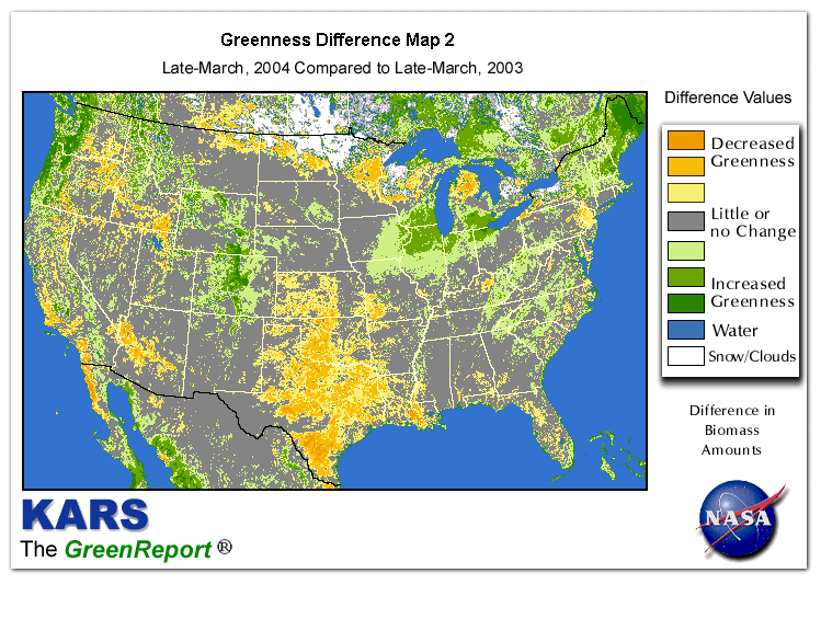Color-coded U.S. vegetation greeness index map for Period 13 of 2004, illustrating spatial variations in plant vigor, with greener tones indicating higher biomass and browner tones indicating stressed vegetation,
              comparing current crop/vegetation change in biomass to same period from the previous year.