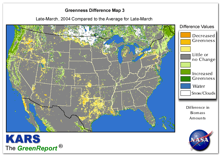 Color-coded U.S. vegetation greeness index map for Period 13 of 2004, illustrating spatial variations in plant vigor, with greener tones indicating higher biomass and browner tones indicating stressed vegetation,
              comparing current crop/vegetation change in biomass to the 20-year greenness average.