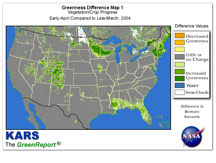 Color-coded U.S. vegetation greeness index map for Period 14 of 2004, illustrating spatial variations in plant vigor, with greener tones indicating higher biomass and browner tones indicating stressed vegetation,
              comparing current crop/vegetation change in biomass to the previous week within the same year.