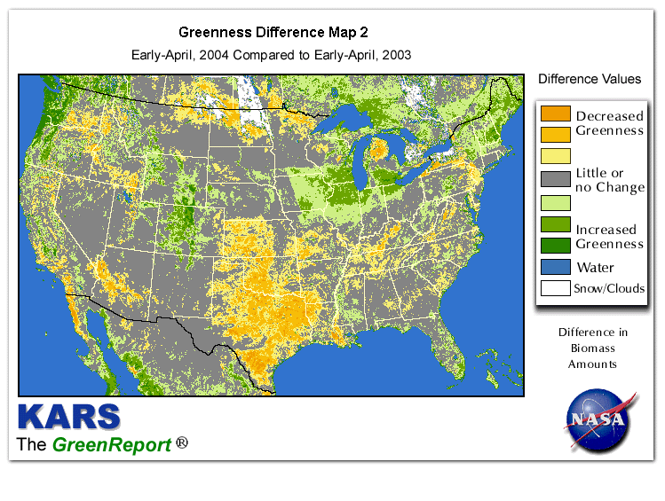 Color-coded U.S. vegetation greeness index map for Period 14 of 2004, illustrating spatial variations in plant vigor, with greener tones indicating higher biomass and browner tones indicating stressed vegetation,
              comparing current crop/vegetation change in biomass to same period from the previous year.