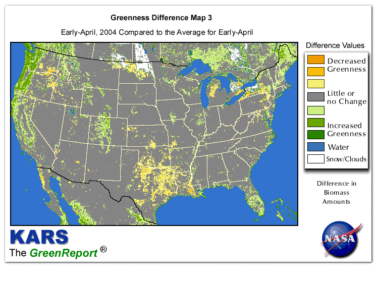 Color-coded U.S. vegetation greeness index map for Period 14 of 2004, illustrating spatial variations in plant vigor, with greener tones indicating higher biomass and browner tones indicating stressed vegetation,
              comparing current crop/vegetation change in biomass to the 20-year greenness average.