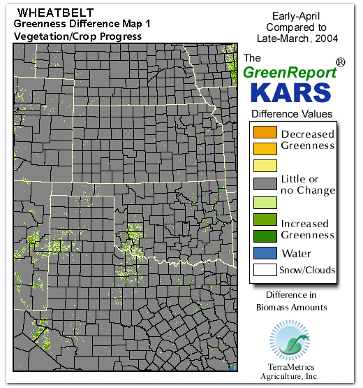 Color-coded Wheat Belt vegetation greeness index map for Period 14 of 2004, illustrating spatial variations in plant vigor, with greener tones indicating higher biomass and browner tones indicating stressed vegetation,
              comparing current crop/vegetation change in biomass to the previous week within the same year.