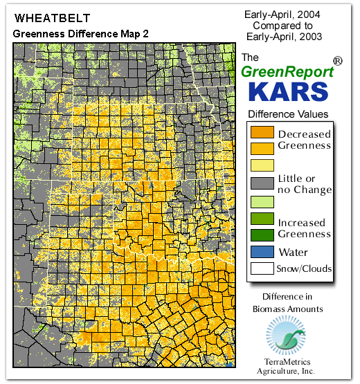 Color-coded Wheat Belt vegetation greeness index map for Period 14 of 2004, illustrating spatial variations in plant vigor, with greener tones indicating higher biomass and browner tones indicating stressed vegetation,
              comparing current crop/vegetation change in biomass to same period from the previous year.